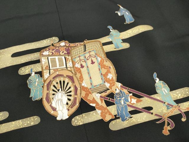 平和屋着物■豪華黒留袖 駒刺繍 人物御所車笹松文 金彩 正絹 逸品 DABG4921qa
