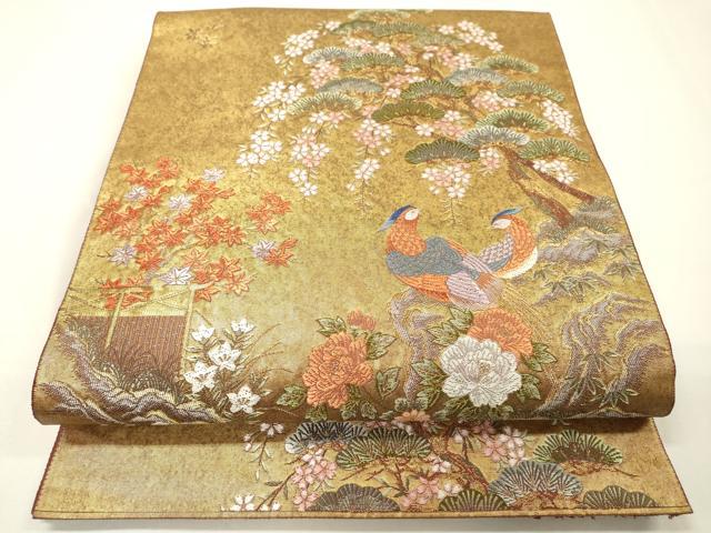 平和屋本店●太鼓柄袋帯 唐織 花鳥松文 金泥箔 正絹 逸品 DABG5047fe