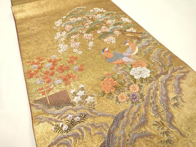 平和屋本店●太鼓柄袋帯 唐織 花鳥松文 金泥箔 正絹 逸品 DABG5047fe