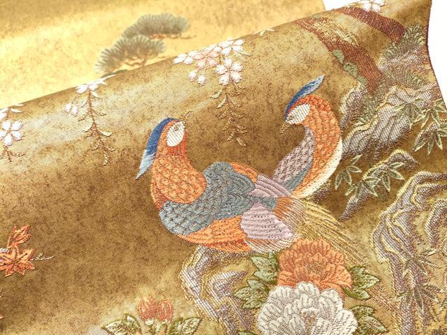 平和屋本店●太鼓柄袋帯 唐織 花鳥松文 金泥箔 正絹 逸品 DABG5047fe