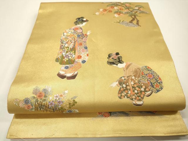 平和屋本店●太鼓柄袋帯 唐織 人物花松文 本金箔 金泥箔 正絹 逸品 未使用 DABG5065fe