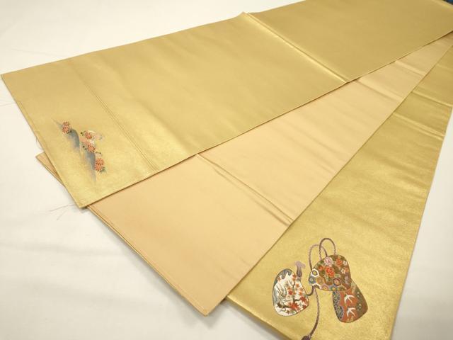 平和屋本店●太鼓柄袋帯 唐織 人物花松文 本金箔 金泥箔 正絹 逸品 未使用 DABG5065fe