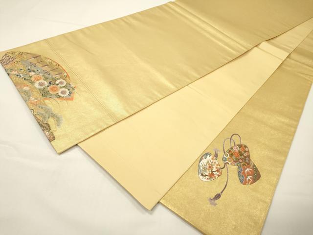 平和屋本店●太鼓柄袋帯 唐織 名品シリーズ 扇彩万葉絵文 本金箔 金泥箔 正絹 逸品 DABG5069fe
