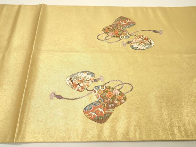 平和屋本店●太鼓柄袋帯 唐織 名品シリーズ 扇彩万葉絵文 本金箔 金泥箔 正絹 逸品 DABG5069fe
