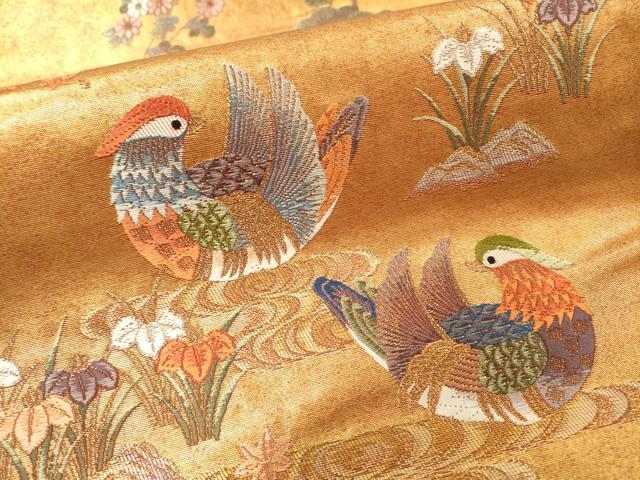 平和屋本店●太鼓柄袋帯 唐織 鴛鴦秋草絵巻 本金箔 金泥箔 正絹 逸品 DABG5070fe