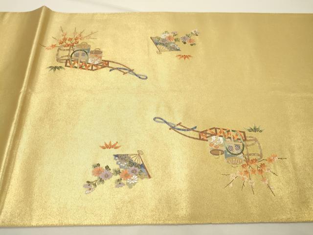 平和屋本店●太鼓柄袋帯 能 本金箔 金泥箔 正絹 逸品 DABG5075fe