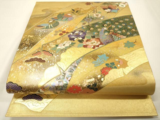 平和屋本店●工芸作家集団 葛実 袋帯 螺鈿 鴛鴦孔雀花文 本金箔 金泥箔 正絹 逸品 DABG5146fe