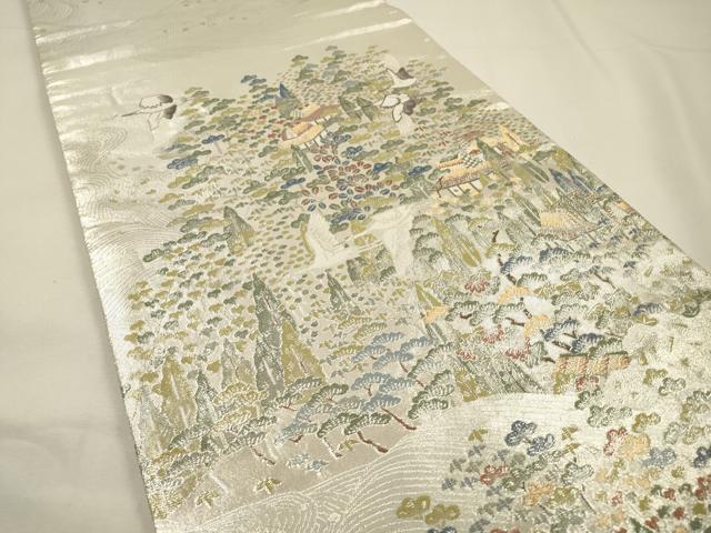 平和屋着物▼本加賀友禅作家 柿本市郎監修 六通柄袋帯 飛鶴風景文 金銀糸 正絹 逸品 DABG5265fe