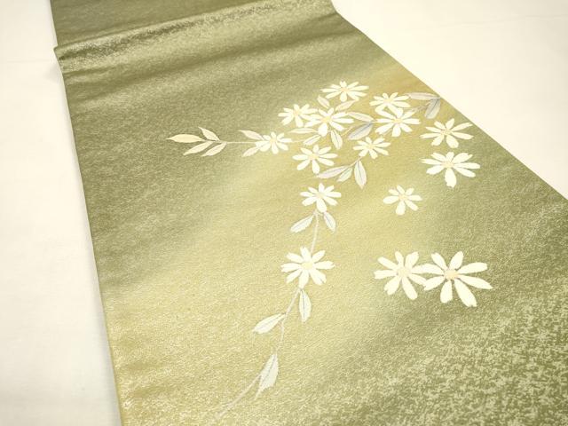 平和屋着物▼染色作家 安達華生 太鼓柄袋帯 手描き 枝花 銀通し地 正絹 逸品 DABG5276fe