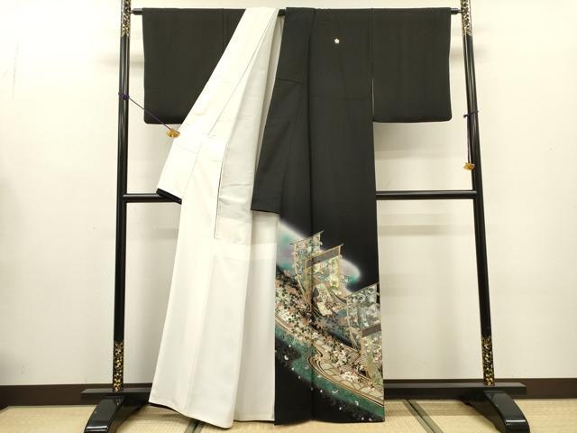 平和屋着物▼豪華黒留袖 螺鈿 誰が袖花文 暈し染 金銀彩 正絹 逸品 DABG5323fe