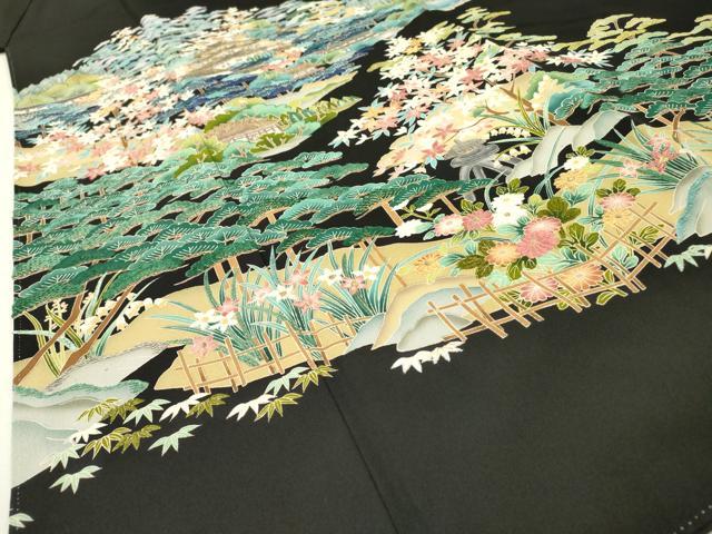 平和屋着物▼豪華黒留袖 作家物 刺繍 風景花松文 金糸 正絹 逸品 DABG5331fe