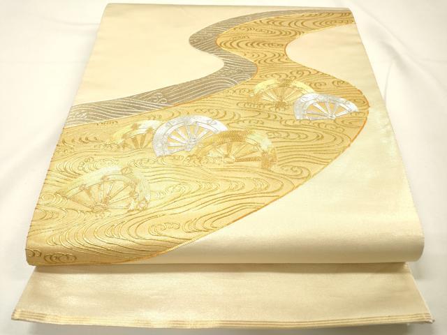 平和屋着物●西陣 川島織物 太鼓柄袋帯 駒刺繍 流水片輪車文 金彩 正絹 逸品 DABG5546fe