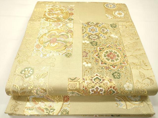 平和屋着物▼六通柄袋帯 唐織 祥錦 短冊吉祥花鳥文 金糸 正絹 逸品 DABG5561fe