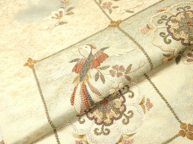 平和屋着物▼太鼓柄袋帯 駒刺繍 総刺繍 花喰い鳥 正倉院 金彩 正絹 逸品 DABG5562fe
