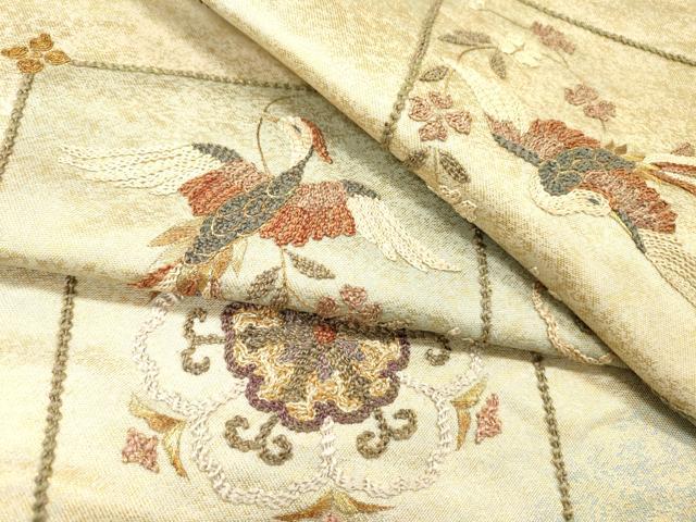 平和屋着物▼太鼓柄袋帯 駒刺繍 総刺繍 花喰い鳥 正倉院 金彩 正絹 逸品 DABG5562fe