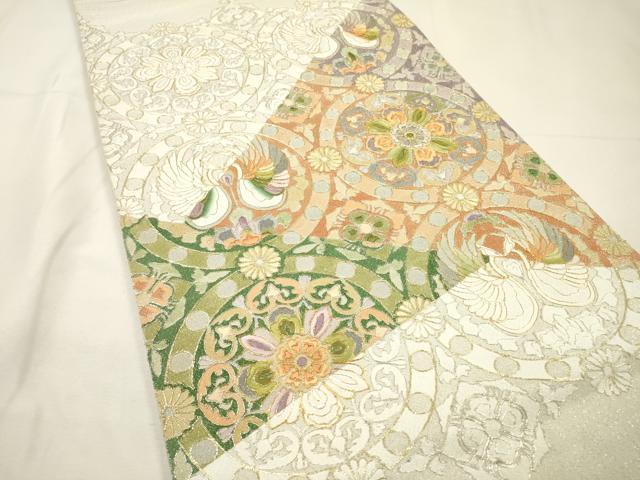 平和屋着物▼綴れ 太鼓柄袋帯 駒刺繍 向かい鳥花絵皿文 金糸 正絹 逸品 DABG5606fe