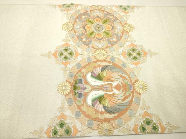 平和屋着物▼綴れ 太鼓柄袋帯 駒刺繍 向かい鳥花絵皿文 金糸 正絹 逸品 DABG5606fe