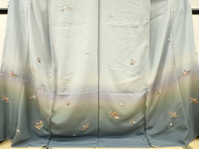 平和屋着物▼訪問着 総刺繍 風景籬花文 暈し染 金糸 仮絵羽 正絹 逸品 未使用 DABG5653fe