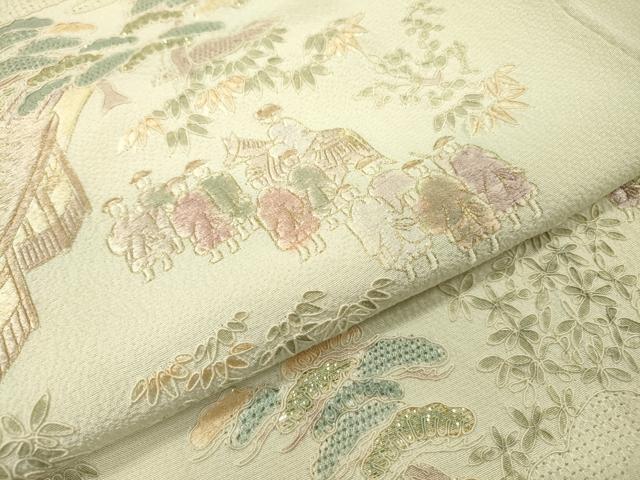 平和屋着物▼中国三大刺繍 スワトウ刺繍 汕頭刺繍 総刺繍 訪問着 人物風景文 金糸 正絹 逸品 DABG5672fe
