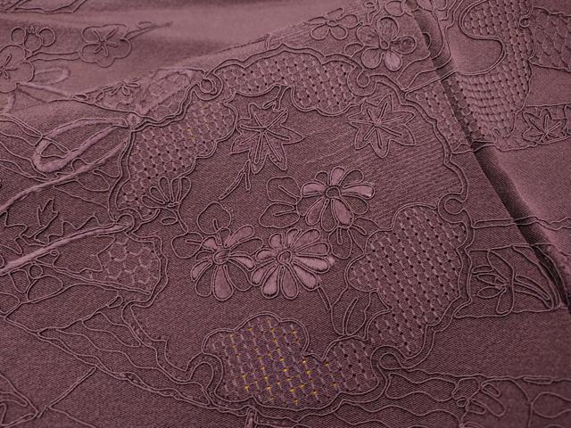 平和屋着物▼中国三大刺繍 スワトウ刺繍 汕頭刺繍 総刺繍 無地絵羽訪問着 雪輪飛鶴花文 桑の実色 正絹 逸品 未使用 DABG5676fe
