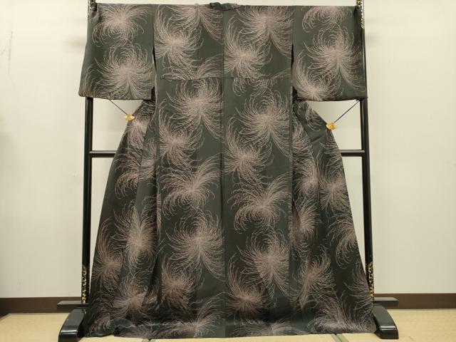 平和屋着物▽上質な小紋 単衣 乱菊 黒地 ロング丈 正絹 逸品 DABG5687fe