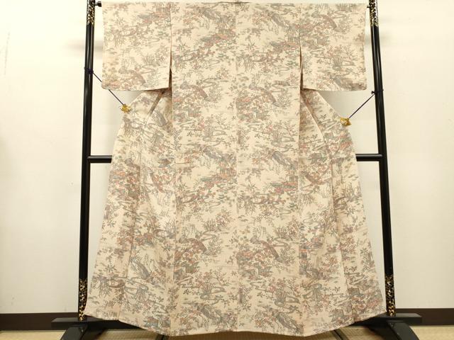 平和屋着物▽上質な小紋 単衣 渡り橋風景花文 鬼しぼ縮緬 正絹 逸品 未使用 DABG5699fe