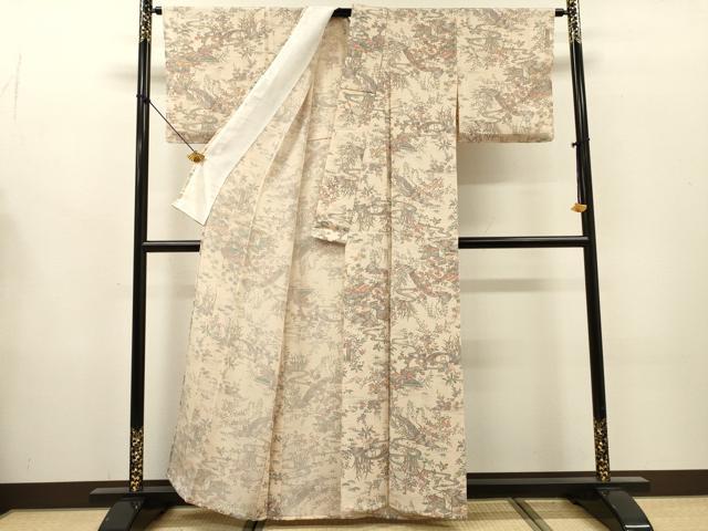 平和屋着物▽上質な小紋 単衣 渡り橋風景花文 鬼しぼ縮緬 正絹 逸品 未使用 DABG5699fe