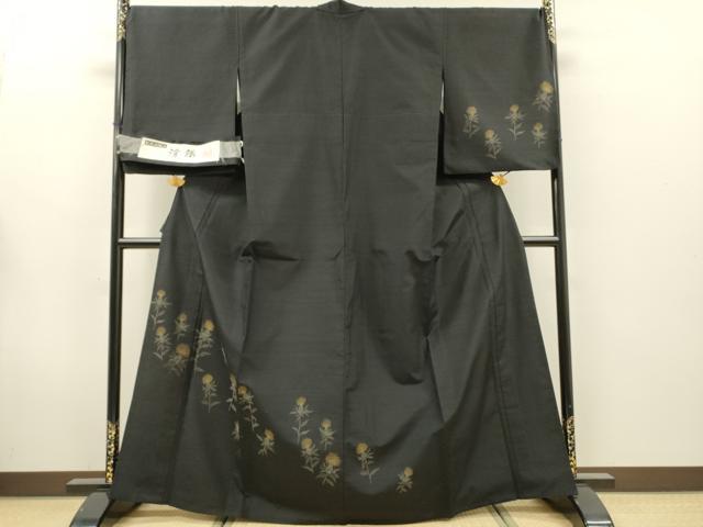 平和屋着物▽訪問着 単衣 紬地 浮織 たんぽぽ 黒地 反端付き 正絹 逸品 DABG5724fe