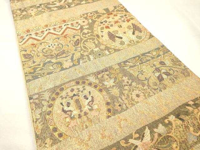 平和屋着物▼佐賀錦 六通柄袋帯 向かい鳥狩猟花絵皿文 金糸 正絹 逸品 DABG5736fe