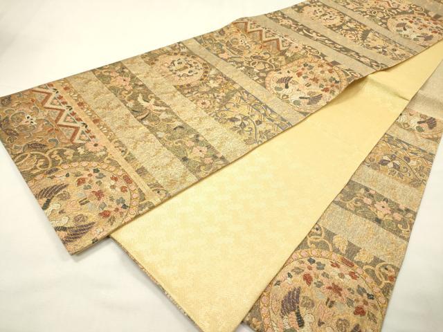 平和屋着物▼佐賀錦 六通柄袋帯 向かい鳥狩猟花絵皿文 金糸 正絹 逸品 DABG5736fe