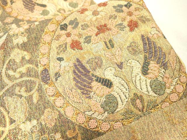 平和屋着物▼佐賀錦 六通柄袋帯 向かい鳥狩猟花絵皿文 金糸 正絹 逸品 DABG5736fe