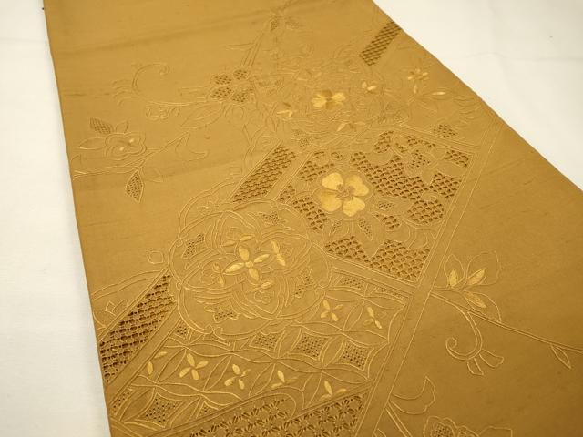 平和屋着物●中国三大刺繍 スワトウ刺繍 汕頭刺繍 相良刺繍 総刺繍 太鼓柄袋帯 紬地 正倉院花文 山吹茶色 正絹 逸品 DABG5782fe