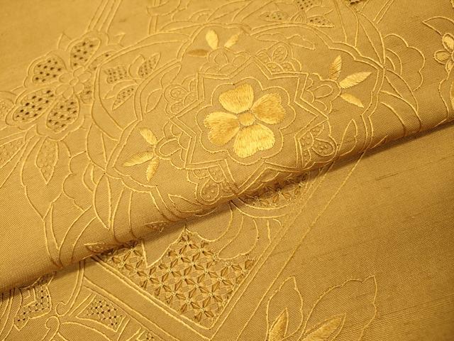 平和屋着物●中国三大刺繍 スワトウ刺繍 汕頭刺繍 相良刺繍 総刺繍 太鼓柄袋帯 紬地 正倉院花文 山吹茶色 正絹 逸品 DABG5782fe