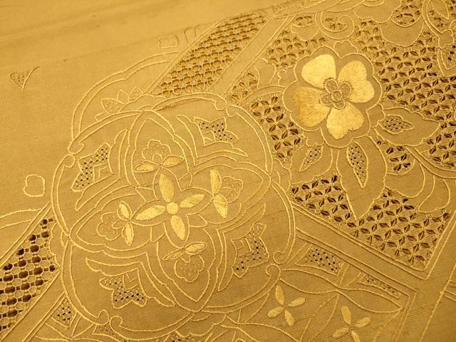 平和屋着物●中国三大刺繍 スワトウ刺繍 汕頭刺繍 相良刺繍 総刺繍 太鼓柄袋帯 紬地 正倉院花文 山吹茶色 正絹 逸品 DABG5782fe