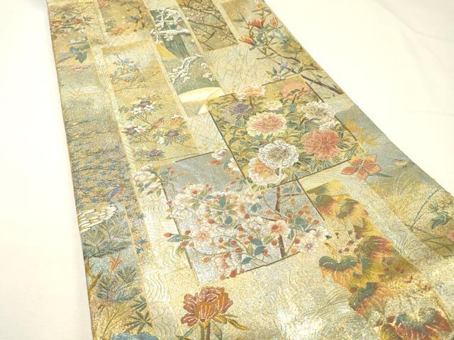 平和屋着物▼極上 西陣あさぎ 両面 全通全景柄袋帯 近代花鳥画 本金プラチナ二重箔 正絹 逸品 DABG5815fe