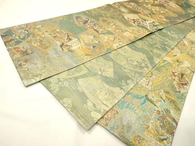 平和屋着物▼極上 西陣あさぎ 両面 全通全景柄袋帯 徳川美術館秘蔵 婚引調慶絵巻 本金プラチナ二重箔 正絹 逸品 DABG5817fe