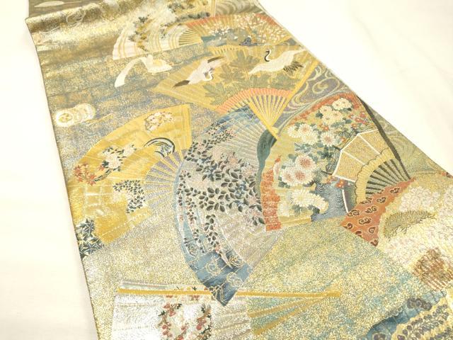 平和屋着物▼極上 西陣あさぎ 両面 全通全景柄袋帯 扇面散らし 本金プラチナ二重箔 正絹 逸品 DABG5834fe