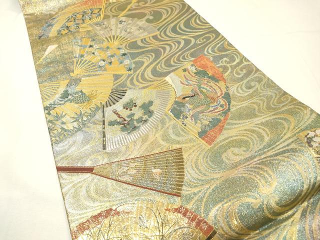 平和屋着物▼極上 西陣あさぎ 両面 全通全景柄袋帯 扇面散らし 本金プラチナ二重箔 正絹 逸品 DABG5834fe
