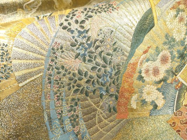 平和屋着物▼極上 西陣あさぎ 両面 全通全景柄袋帯 扇面散らし 本金プラチナ二重箔 正絹 逸品 DABG5834fe