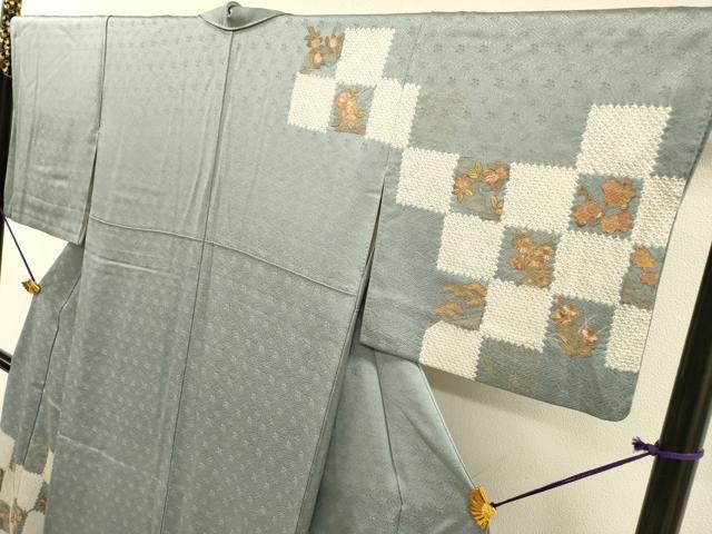 平和屋着物▼中国三大刺繍 スワトウ刺繍 汕頭刺繍 相良刺繍 訪問着 絞り 市松花文 金彩 正絹 逸品 DABG5884fe