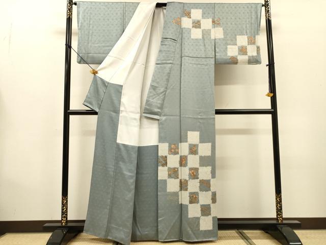 平和屋着物▼中国三大刺繍 スワトウ刺繍 汕頭刺繍 相良刺繍 訪問着 絞り 市松花文 金彩 正絹 逸品 DABG5884fe