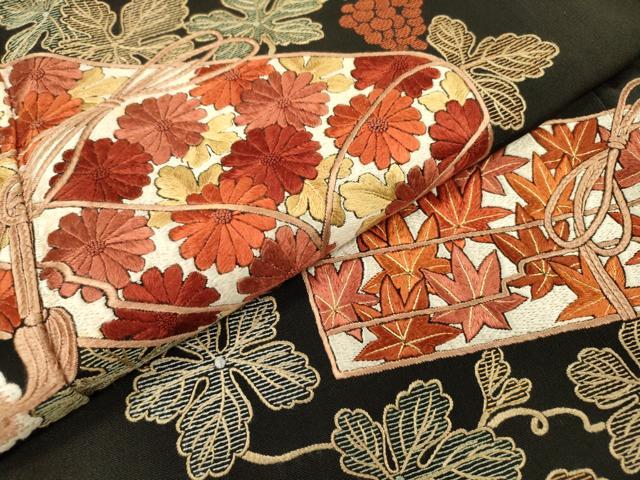 平和屋着物▼中国三大刺繍 相良刺繍 総刺繍 黒留袖 文箱葡萄蔦の葉文 金糸 正絹 逸品 DABG5897fe