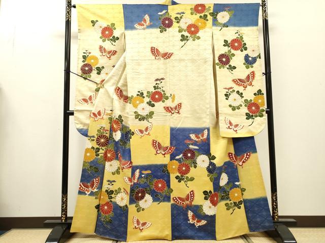 平和屋着物▼豪華振袖 駒刺繍 舞蝶菊文 暈し染 金彩 金通し地 正絹 逸品 DABG5915fe
