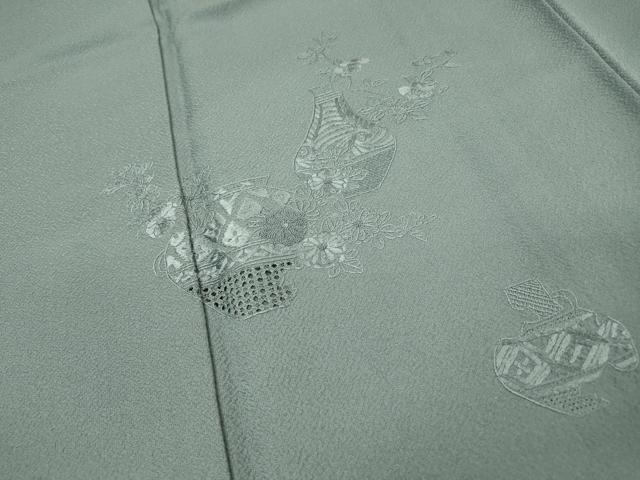 平和屋着物▼中国三大刺繍 スワトウ刺繍 汕頭刺繍 相良刺繍 総刺繍 無地絵羽訪問着 器物花文 藍鼠色 正絹 逸品 DABG5920fe