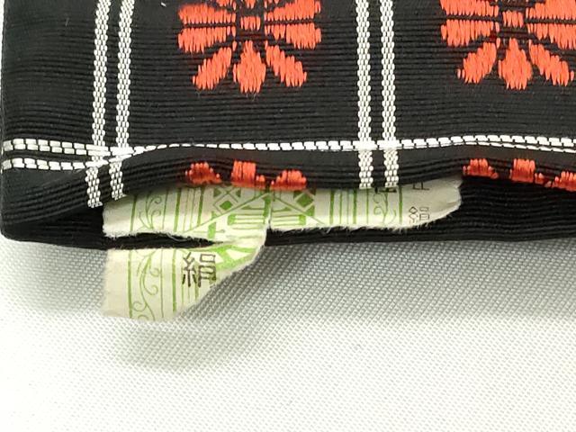 平和屋着物◎本場筑前博多織 半幅帯 格子花文 黒地 証紙付き 正絹 逸品 DABG6076xg