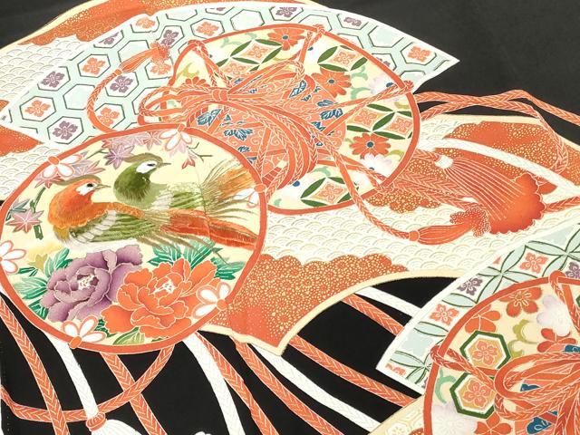 平和屋着物■豪華黒留袖 刺繍 地紙重ね 鼓花鳥文 金彩 正絹 逸品 DABG6129xg