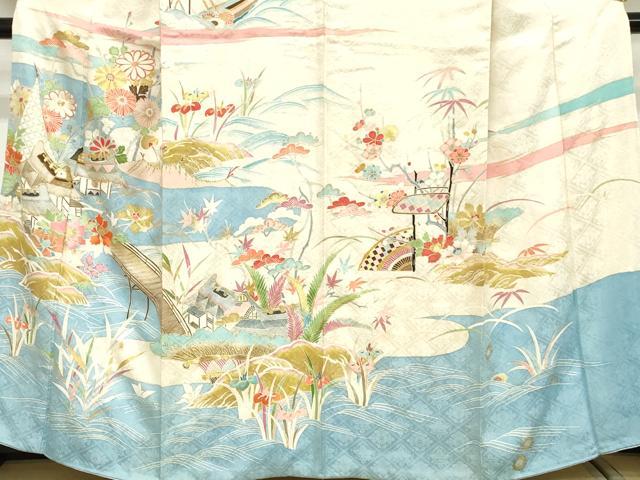 平和屋着物■セミアンティーク 訪問着 駒刺繍 風景花文 金銀彩 正絹 逸品 DABG6195xg