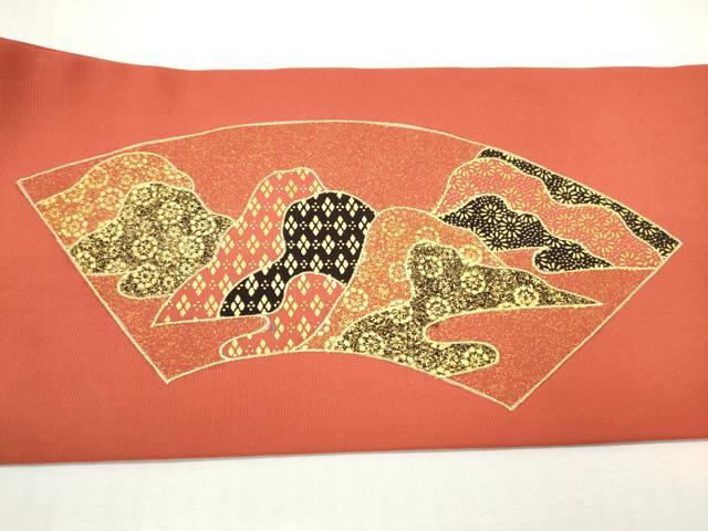 平和屋着物◎塩瀬 九寸名古屋帯 駒刺繍 扇面重ね山文 金彩 正絹 逸品 DABG6269xg