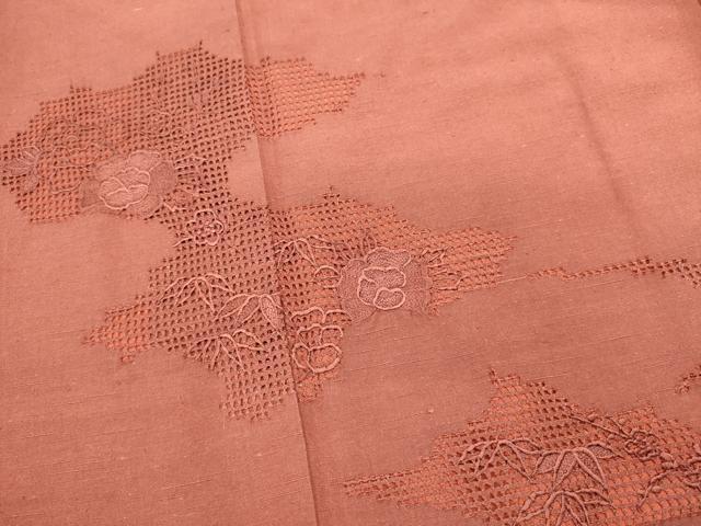 平和屋着物■中国三大刺繍 スワトウ刺繍 汕頭刺繍 総刺繍 色留訪問着 紬地 草花笹文 小豆色 正絹 逸品 DABG6853cd