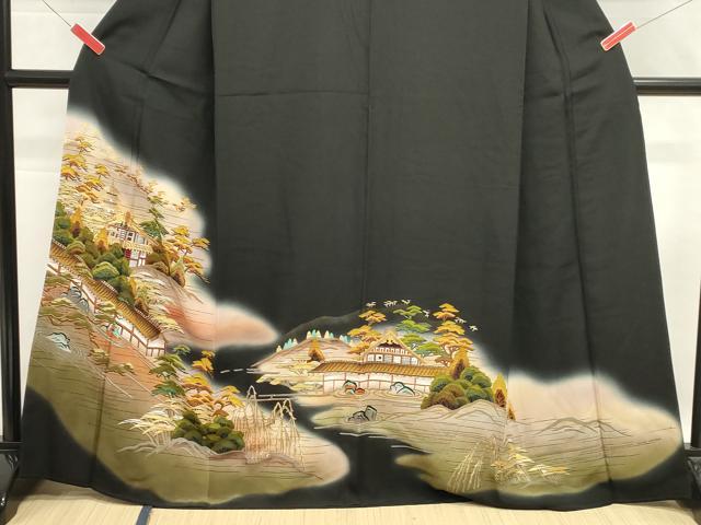 平和屋着物■豪華黒留袖 駒刺繍 風景文 暈し染め 金銀彩 正絹 逸品 DABG6915cd